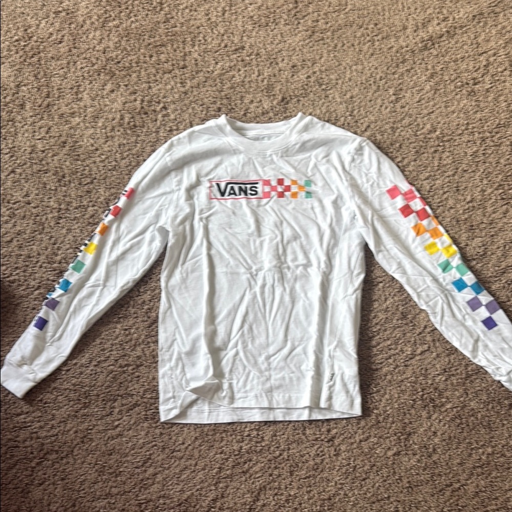 Vans White and Red Long Sleeve Tee with Checkerboard Sleeves